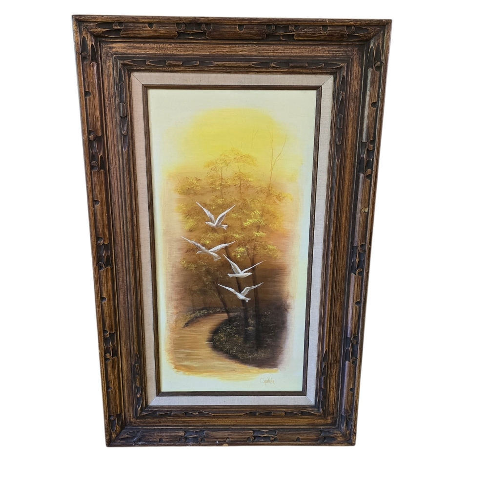 Vintage MCM Oil Painten Framed Nature‎ Painting with Birds Signed By CYNTHIA